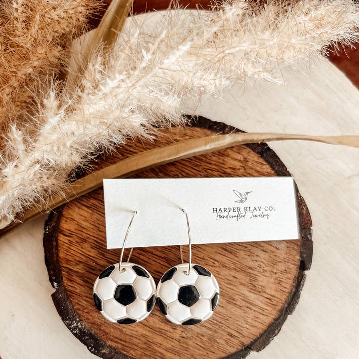 So Cute Soccer Set- Polymer Clay Hoop Earrings for wholesale by Harper Klay Co