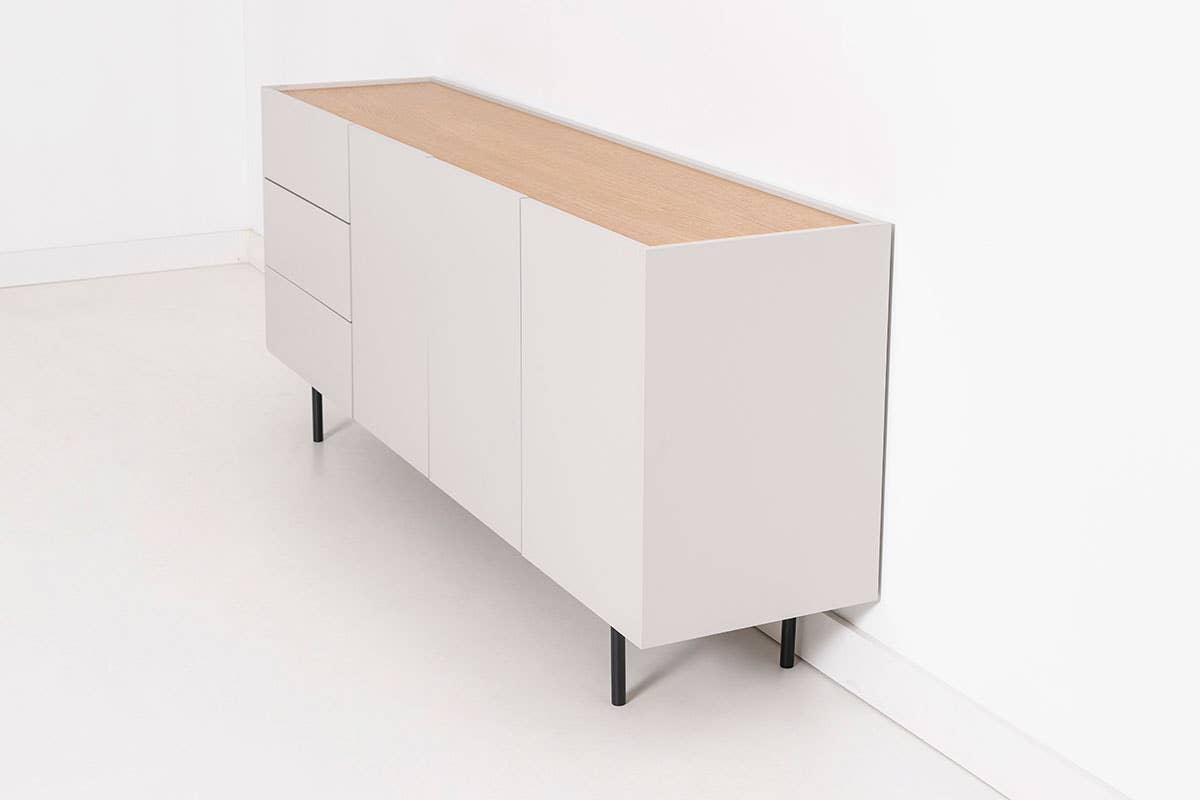 Gdeco - Wholesale Sideboard - Pol Sideboard, Gray Lacquered Stone and Oak Veneer, Black Metal Legs.3