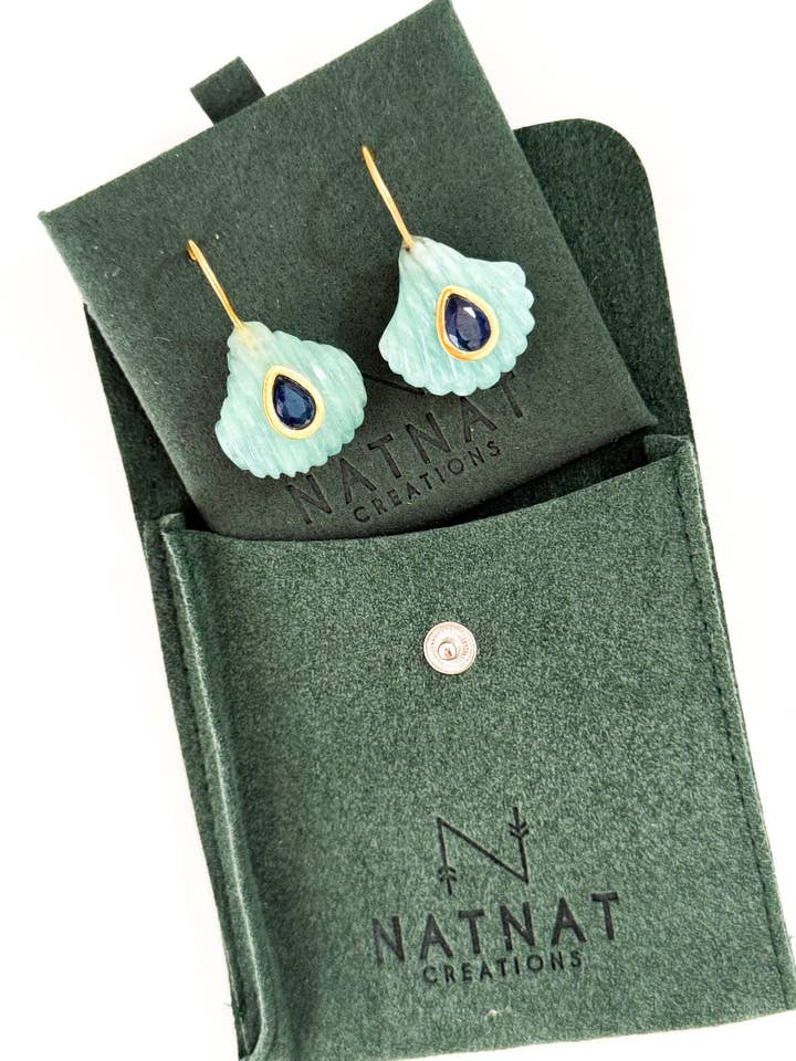 SHELL EARRINGS ~ Handcarved Amazonite/Blue Kyanite Shell for wholesale by Natnat Creations