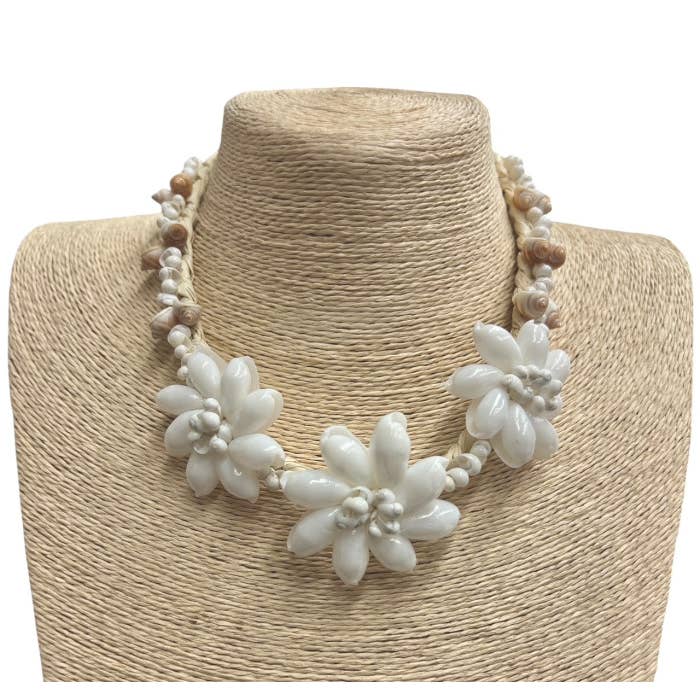 DK Hawaii - Wholesale Woven Necklace - White Bubble and White Mongo Shell Raffia Necklace1