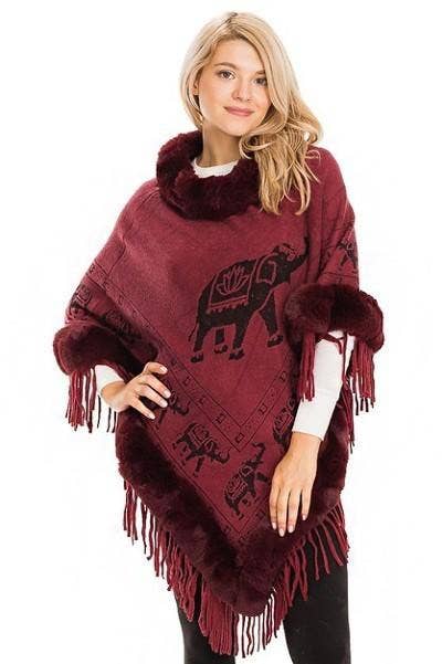 Cap Zone - Wholesale Poncho - Women's - Lucky Elephant Printed Fur Neckline Soft Cozy Poncho9