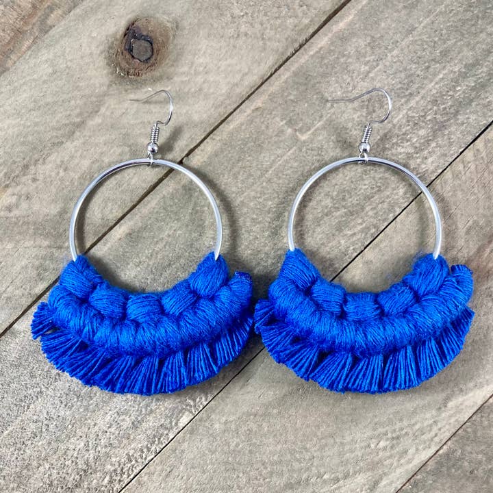 Large Statement Fringe Earrings - Cobalt Blue & Silver for wholesale by HK Macrame Jewelry