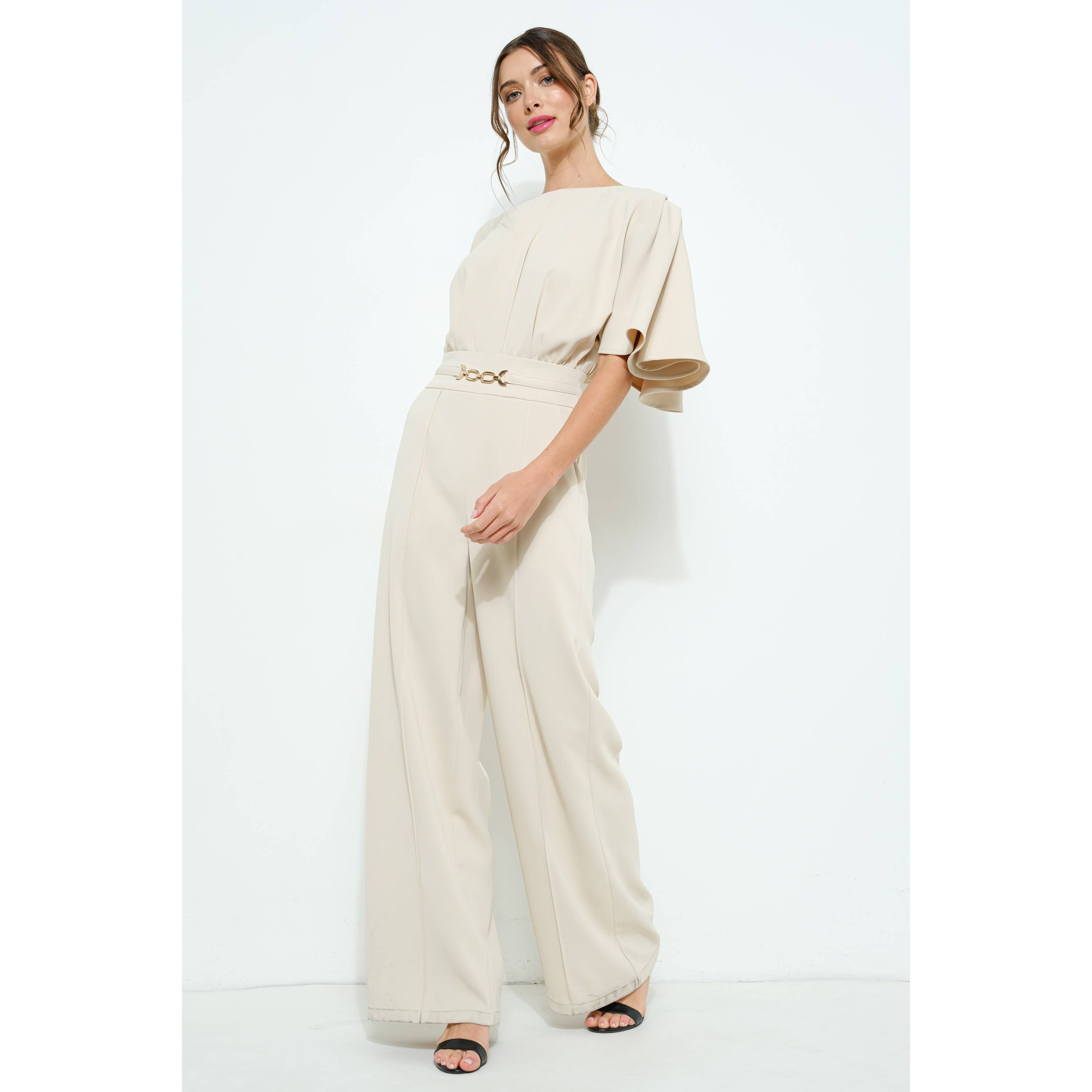 INA - Wholesale Romper - Women's - Flutter Kimino Sleeve Buckle Detail Wide Jumpsuit9