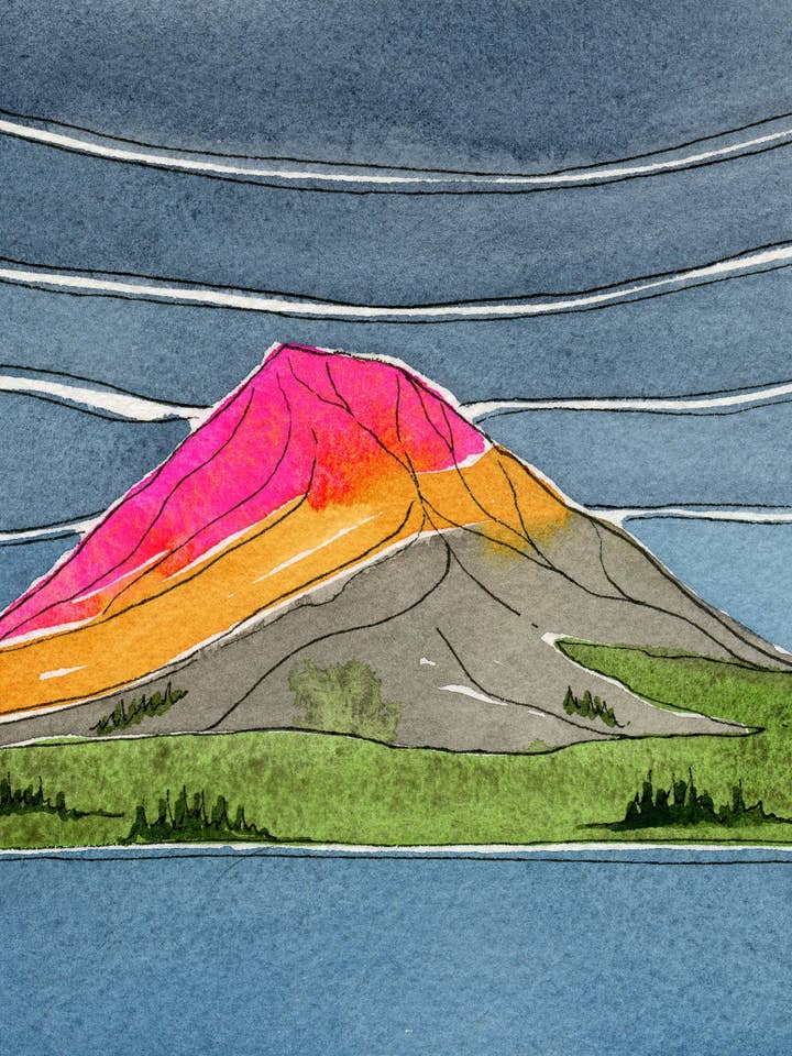 Alpenglow - Peinture de paysage aquarelle de montagne pour la vente par Erika Donaghy Creative Studio