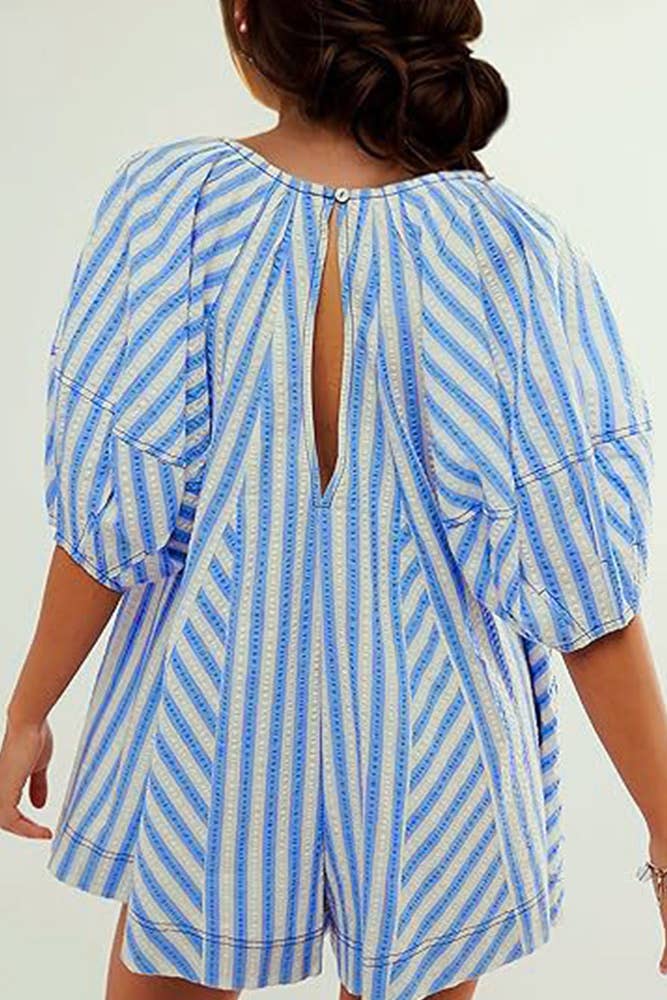 UNISHE - Wholesale Romper - Women's - Striped U Neck Front Tie Loose Romper ZK17011