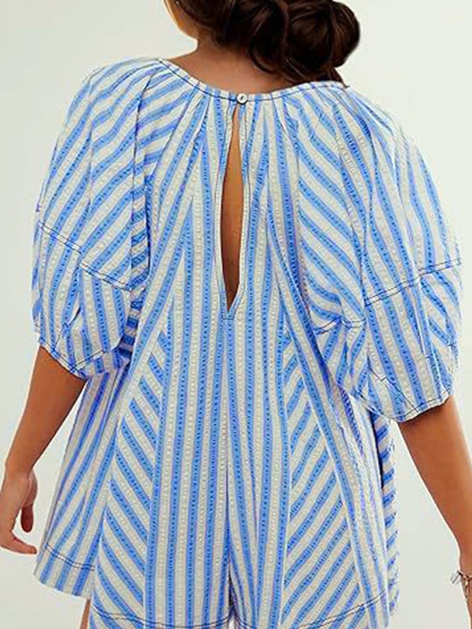 UNISHE - Wholesale Romper - Women's - Striped U Neck Front Tie Loose Romper ZK17011