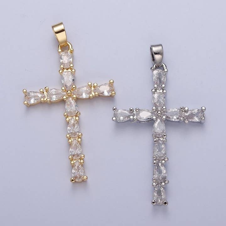 Aim Eternal - Wholesale Individual Charm/Pendant - Gold / Silver Tear Drop Cz Cross Pendant for Necklace Rosary Component X-325 X-3264