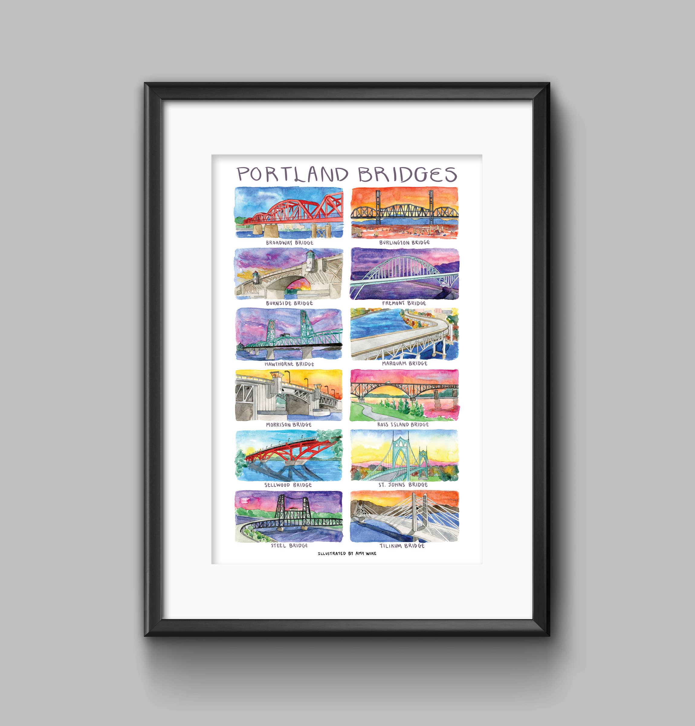 Amy Wike Illustration - Wholesale Poster - Portland Bridges Watercolor Poster1