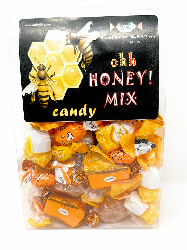 European Honey Flavored Candy Mix 10oz Clear Tab Top Box for wholesale by Dulcefina Chocolate and Sweets