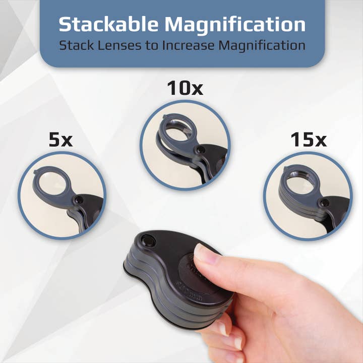 Carson - Wholesale Magnifying Glass - 5x/10x/15x Folding Loupe Magnifying Glass with Built-In Case