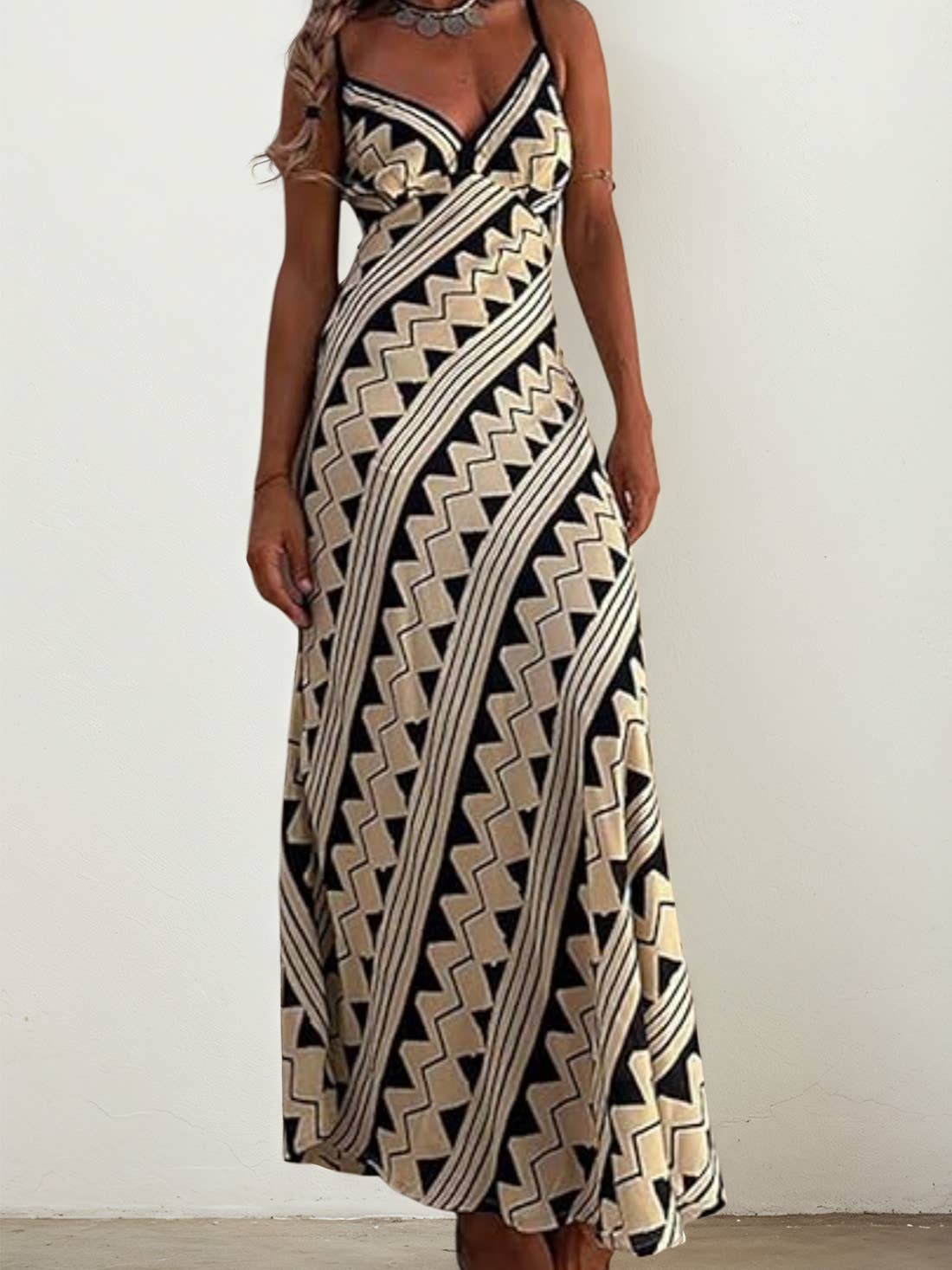 Ulivary - Wholesale Dress - Women's - Ethnic Print Slip Midi Dress with Adjustable Spaghetti Straps4