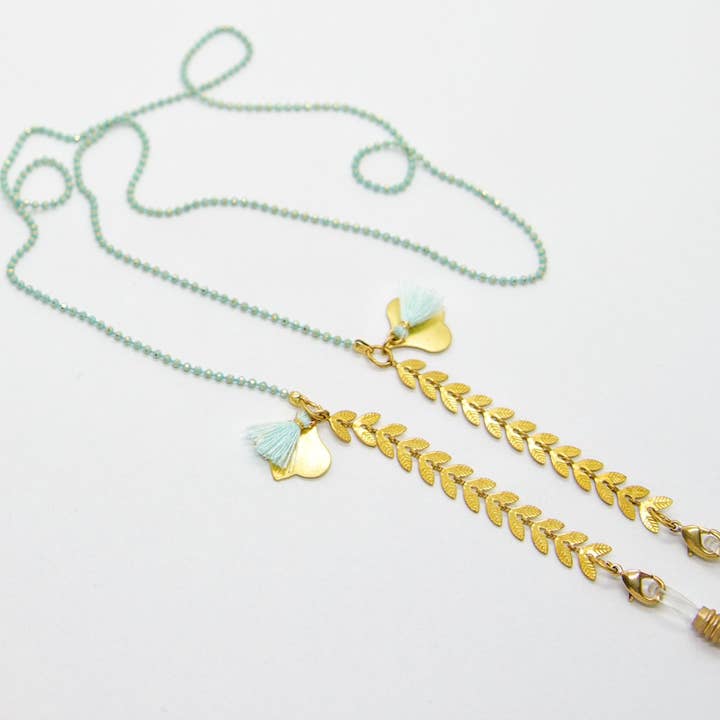 Catena per occhiali con palline turchesi e nappina in cotone per la vendita all'ingrosso da parte di Sista Jewelry