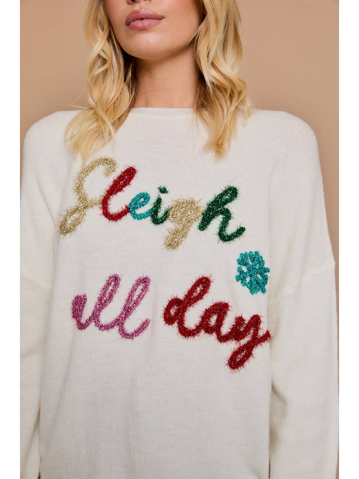 CREAM ROUND NECK LONG SLEVEE "SLEIGH ALL DAY" NOVELTY SWEATER for wholesale on Faire