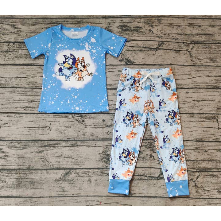 Aier Wholesale - Wholesale Top & Pant Set - Kids - Baby Boys Blue Dog Short Sleeve Shirt Top Pants Clothes Sets