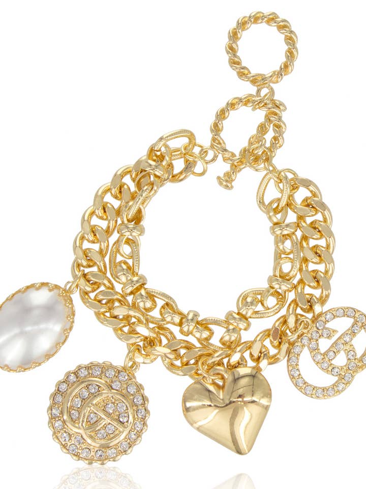 Heart with Rhinestone, Pearl, Link Chain Toggle Bracelet for wholesale by Suzie Q USA