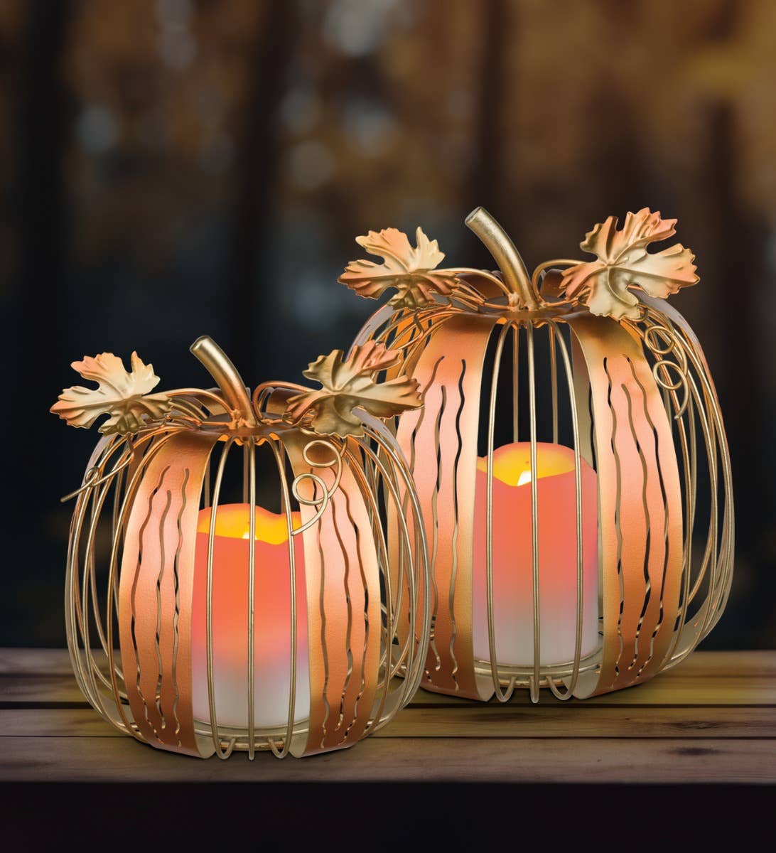 Orange LED Copper Pumpkin Decor Set/2 for wholesale on Faire5