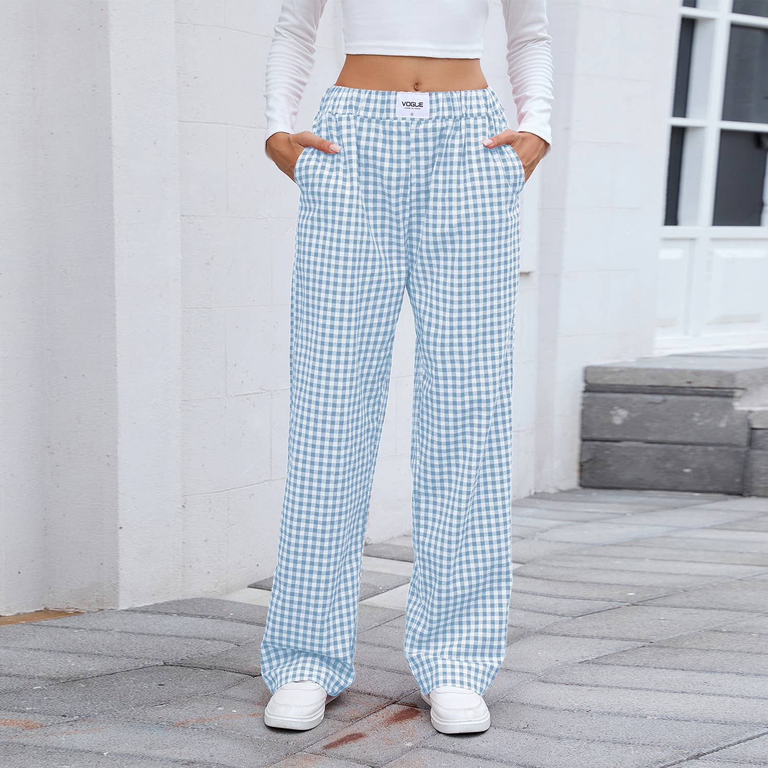 Lily Clothing - Vente Pantalon – femme - Pantalon décontracté ample à carreaux en pur coton5