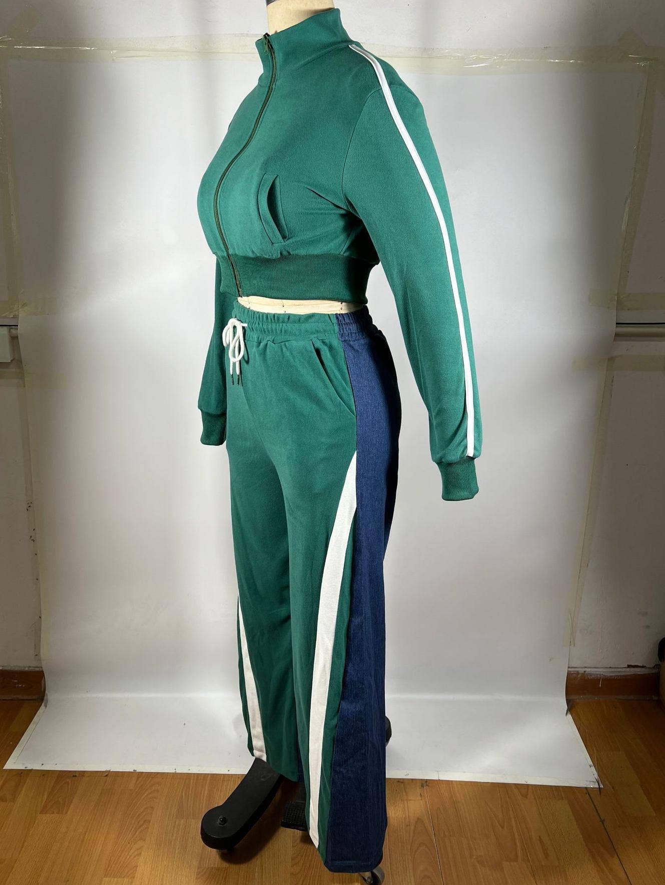 HIDDENBRAND - Wholesale Top & Pant Set (NOT Loungewear) - Women's - Long sleeves zip patchwork crop jacket pants set 2 pcs9