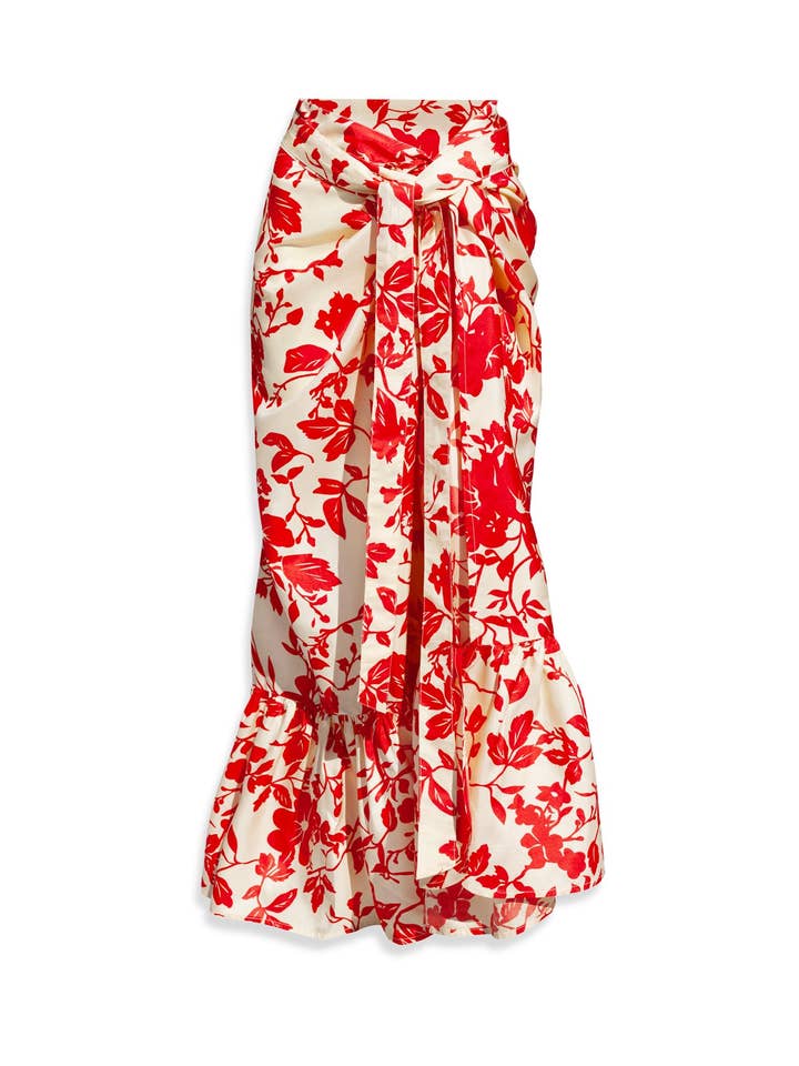 Sibyl blomsterprintet silkewrap-maxinederdel - rød blomstret for engroshandel hos AMARIS - Sustainable Womens Resortwear