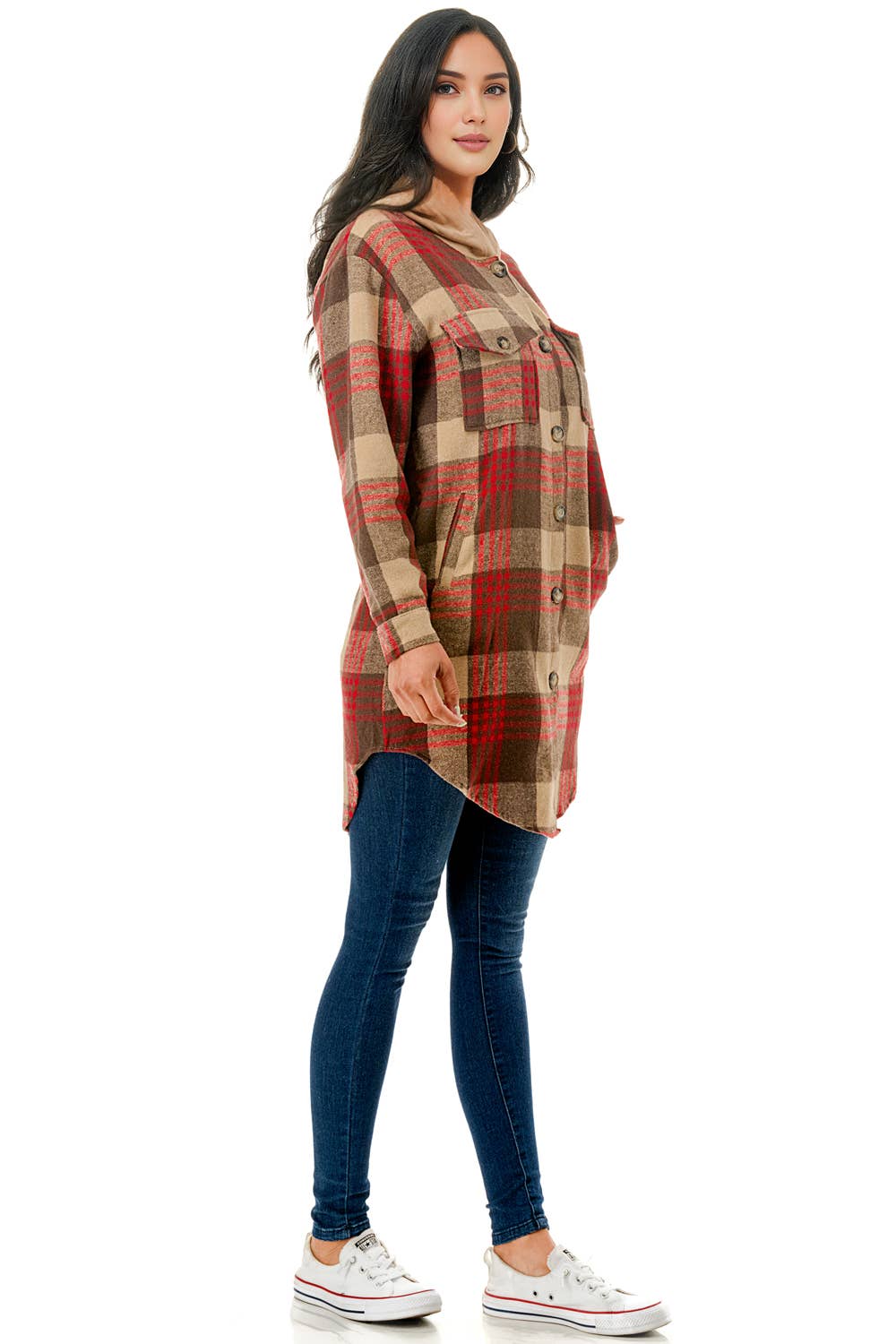 Color 5 - Wholesale Shirt Jacket/Shacket - Women's - Red beige plaid flannel long shacket with hoodie and pockets11