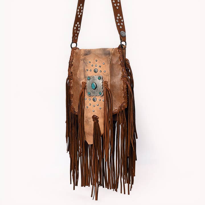 ADBGM485 Mensageiro de Camurça Desgastada com Franjas - Concho Turquesa Ocidental & Alça com Tachas por atacado de LS Western