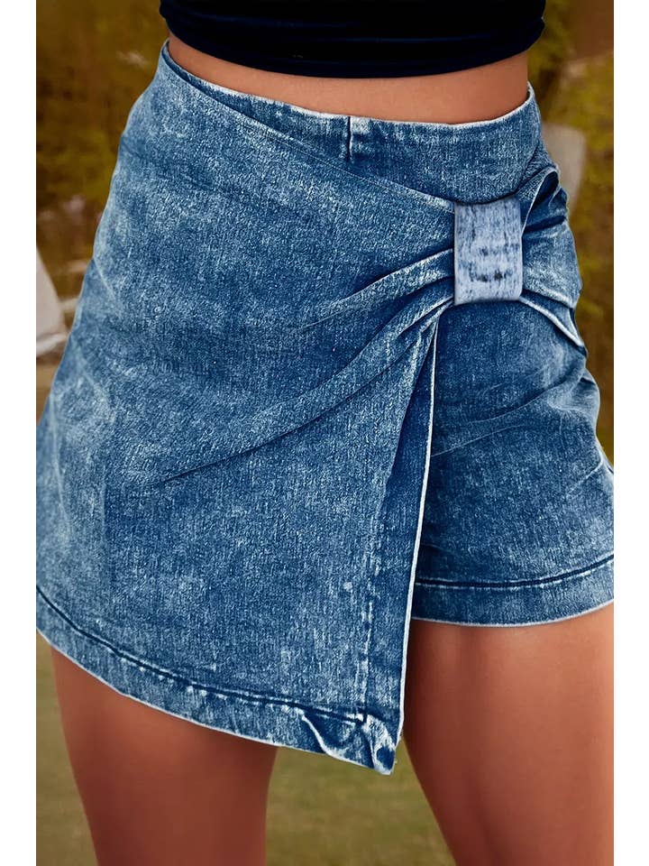 Blue Acid Wash Asymmetric Twisted Wrapped Zipped Denim Skort for wholesale on Faire