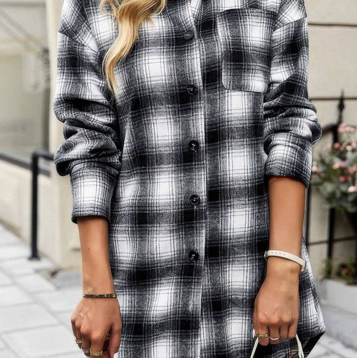 Plaid Single Pocket Button Down Loose Outerwear for wholesale by CC Wholesale Clothing