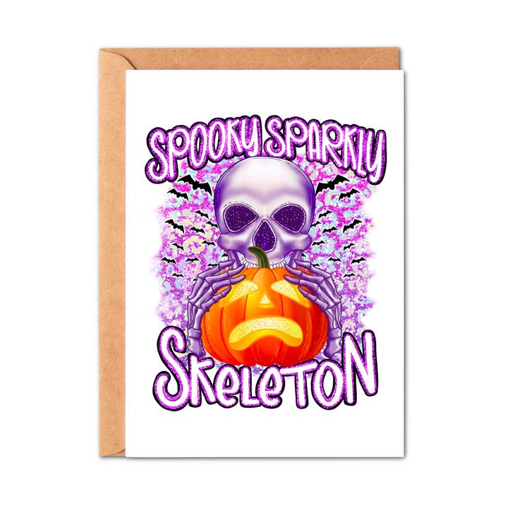 Spooky Sparkly Skeleton Vintage Halloween Greeting Card for wholesale by Simply Crafty