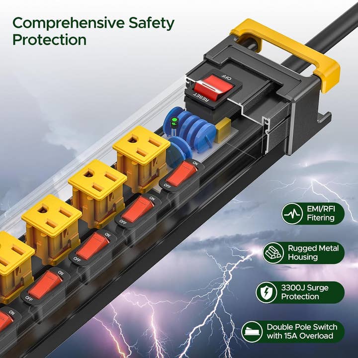 Rocket Socket Technology - Wholesale Power Adapter - 3300J Heavy Duty Surge Protector Power Strip with Individual Switches, Metal Mountable Power Strip with 6FT Cord Management, Wide-Spaced, ETL Listed (15A/1875W)