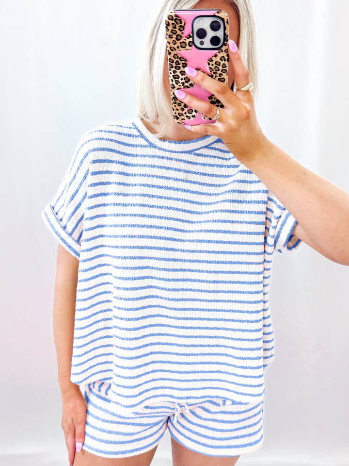 Lovesoft - Wholesale Lounge Set - Women's - Pink Stripe Knitted Short Sleeve Top and Drawstring Shorts Set