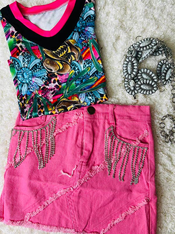 DLH2618 Solid pink denim girls skirt with rhinestone fringe for wholesale by luluclothes