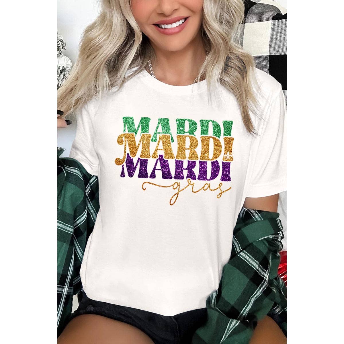 COLORBEAR - Wholesale Screen Printed T-Shirt - Women's - MARDI GRAS,FAUX GLITTER UNISEX SHORT SLEEVE,GRAPHIC13