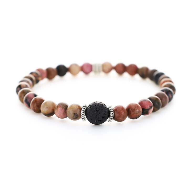 Bracelet in Black Line Rhodonite and Lava with Metal Details for wholesale by MWM fashion