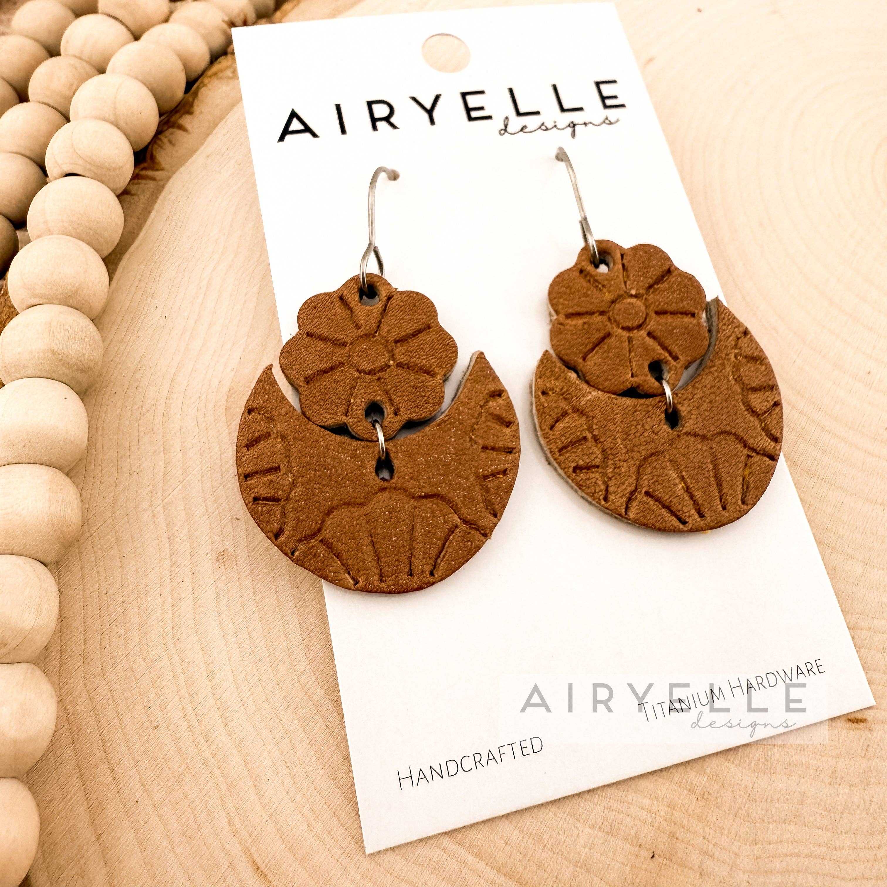 Airyelle Designs - Wholesale Dangle Earrings - Tooled Floral Camel Brown Leather Earrings1