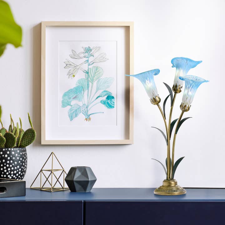 River of Goods - Wholesale Accent/Desk Lamp - 23.5"H Blue 3 Shade Handblown Glass Calla Lily Table Lamp
