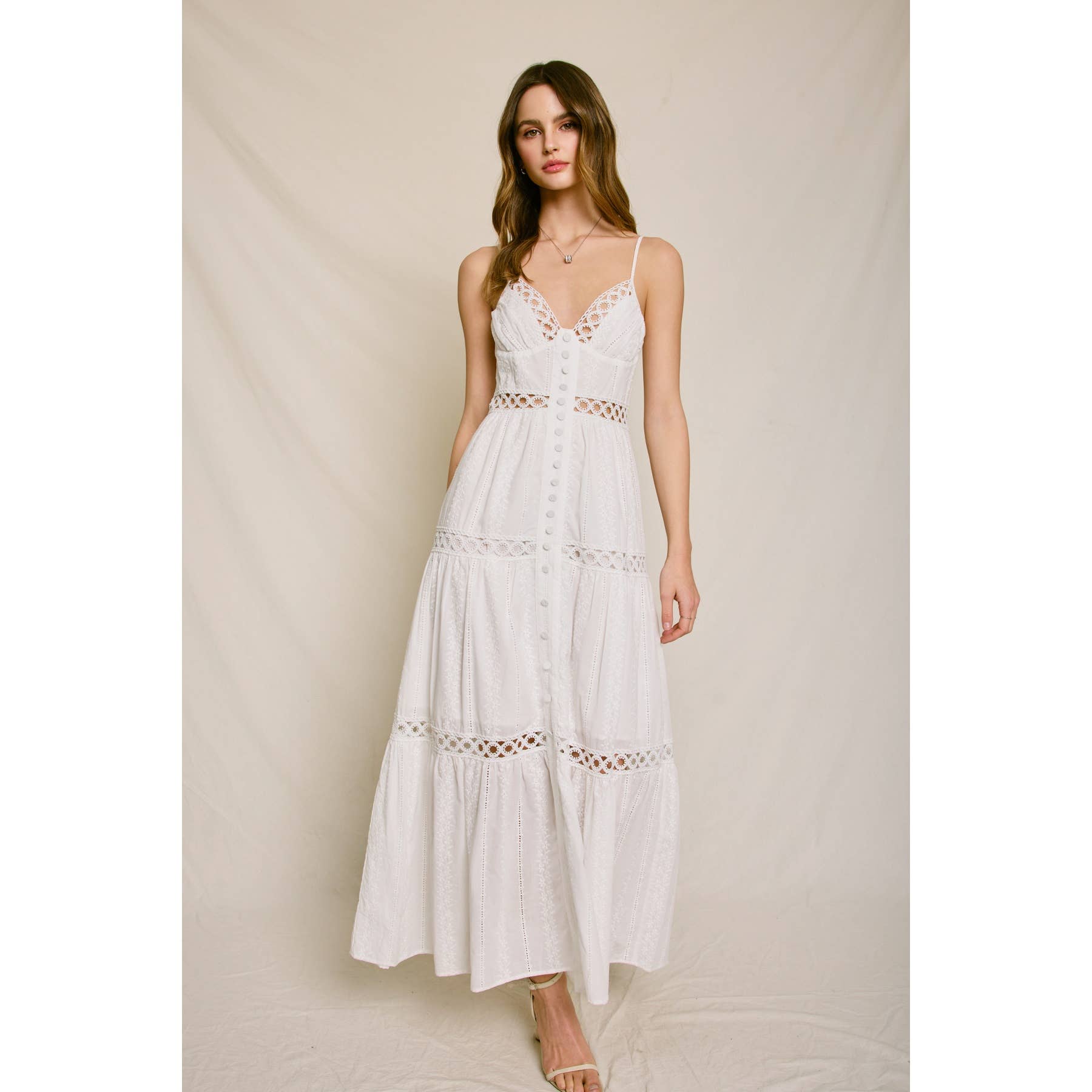 IVORY Sunbeam Eyelet Lace Inset Tiered Maxi Dress for wholesale on Faire5