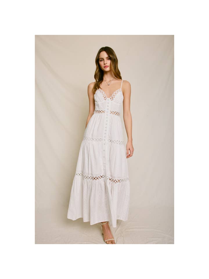 IVORY Sunbeam Eyelet Lace Inset Tiered Maxi Dress for wholesale on Faire5