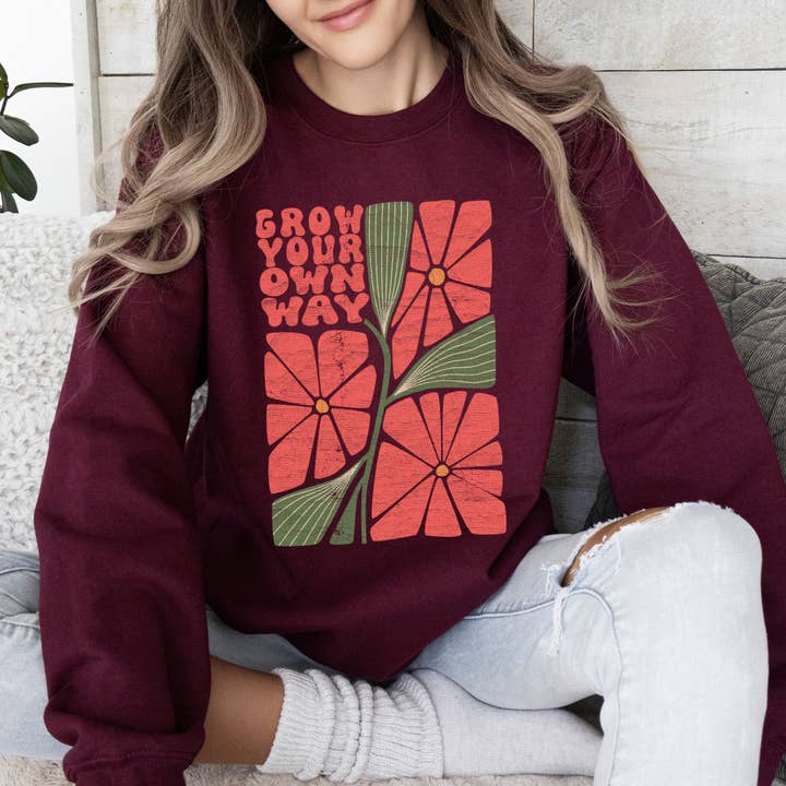 Refinery Number One LLC - Wholesale Graphic Sweatshirt - Women's - Grow Your Own Way, Retro Flowers Sweatshirt