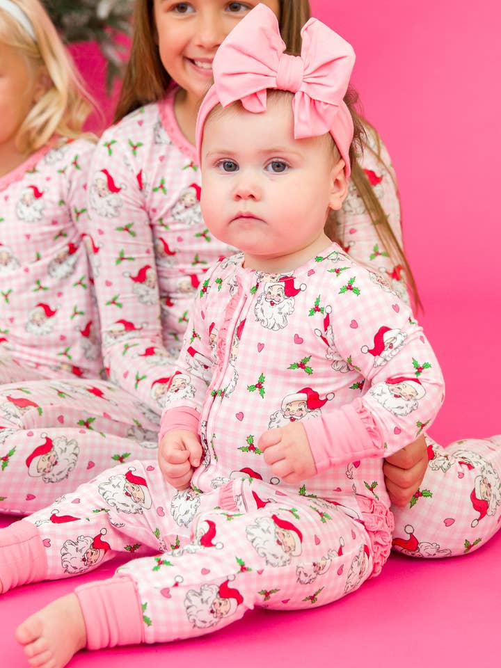 SoftSnooze™ Baby Girls Bamboo Viscose Pink Dear Santa Convertible Ruffle One Piece Footie Pajama
 for wholesale on Faire0
