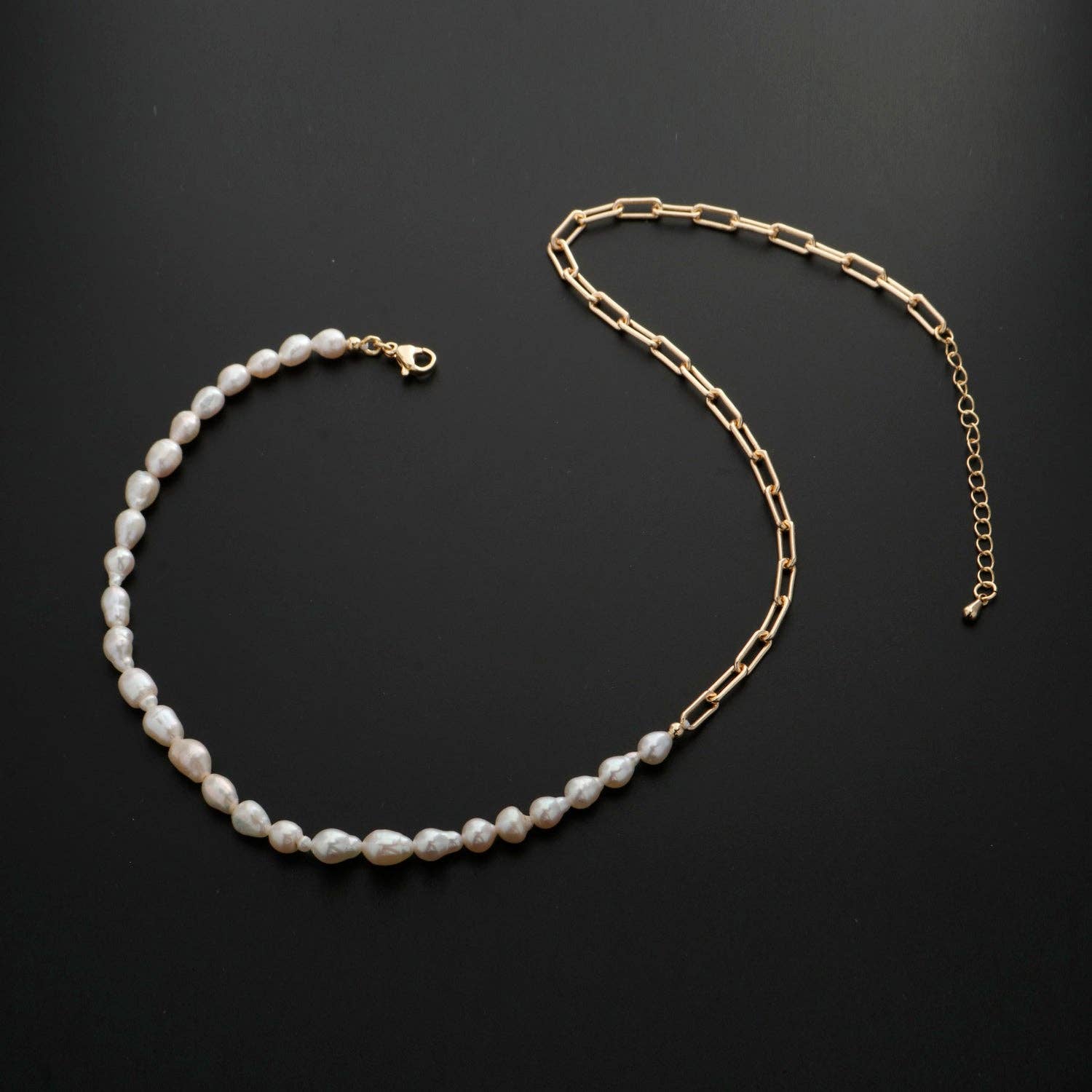 Aim Eternal - Wholesale Beaded/Pearl Necklace - 18k Gold Filled Freshwater Pearl Half Chain Necklace Paper Clip Link 16 inch + 2" extender Length Handmade Minimalist Jewelry2