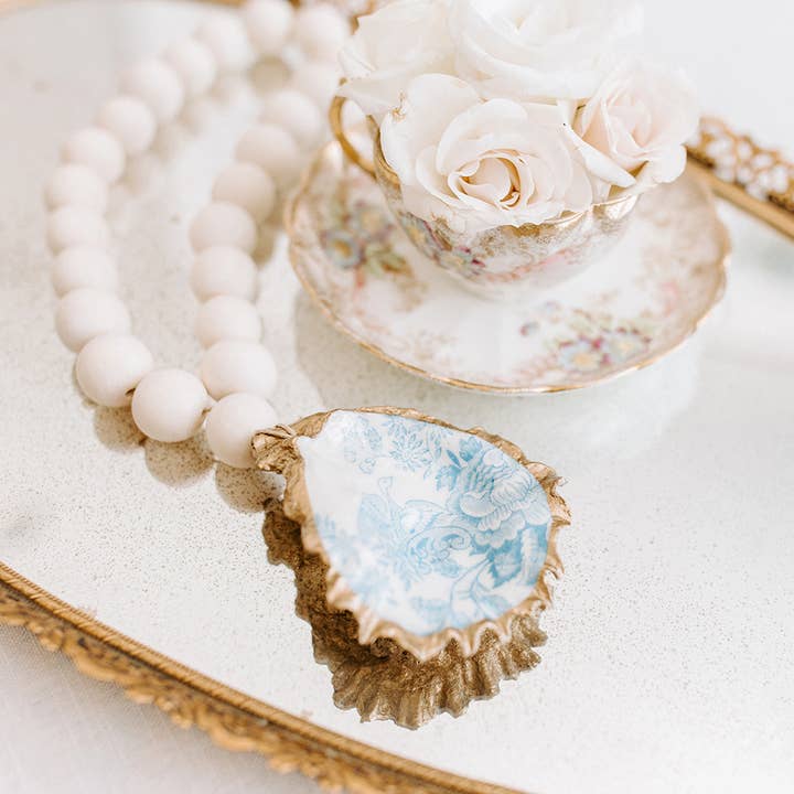 Grit and Grace Studio - Wholesale Decorative Tabletop Object - Petite Decoupage Oyster Shell Blessing Beads: Tea Revelry