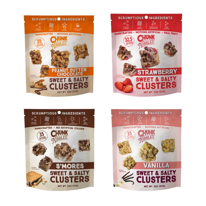 Assortiment de 4 saveurs de morceaux à grignoter 2oz Pack de collation pour la vente par Chunk Nibbles