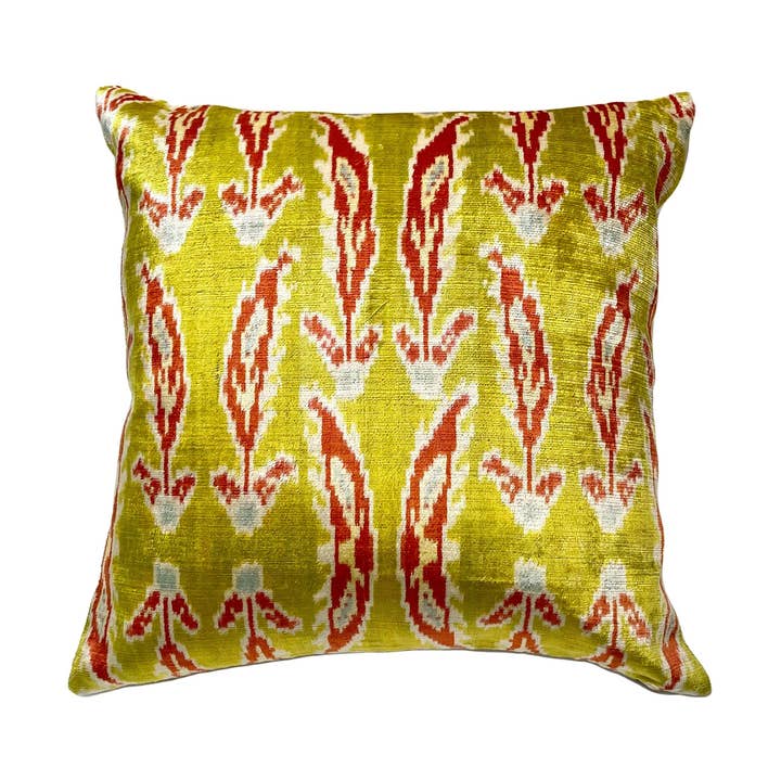 Silk Velvet Ikat Pillow - Chartreuse, Rusty Orange 16x16 for wholesale by Turkish Towel Collection