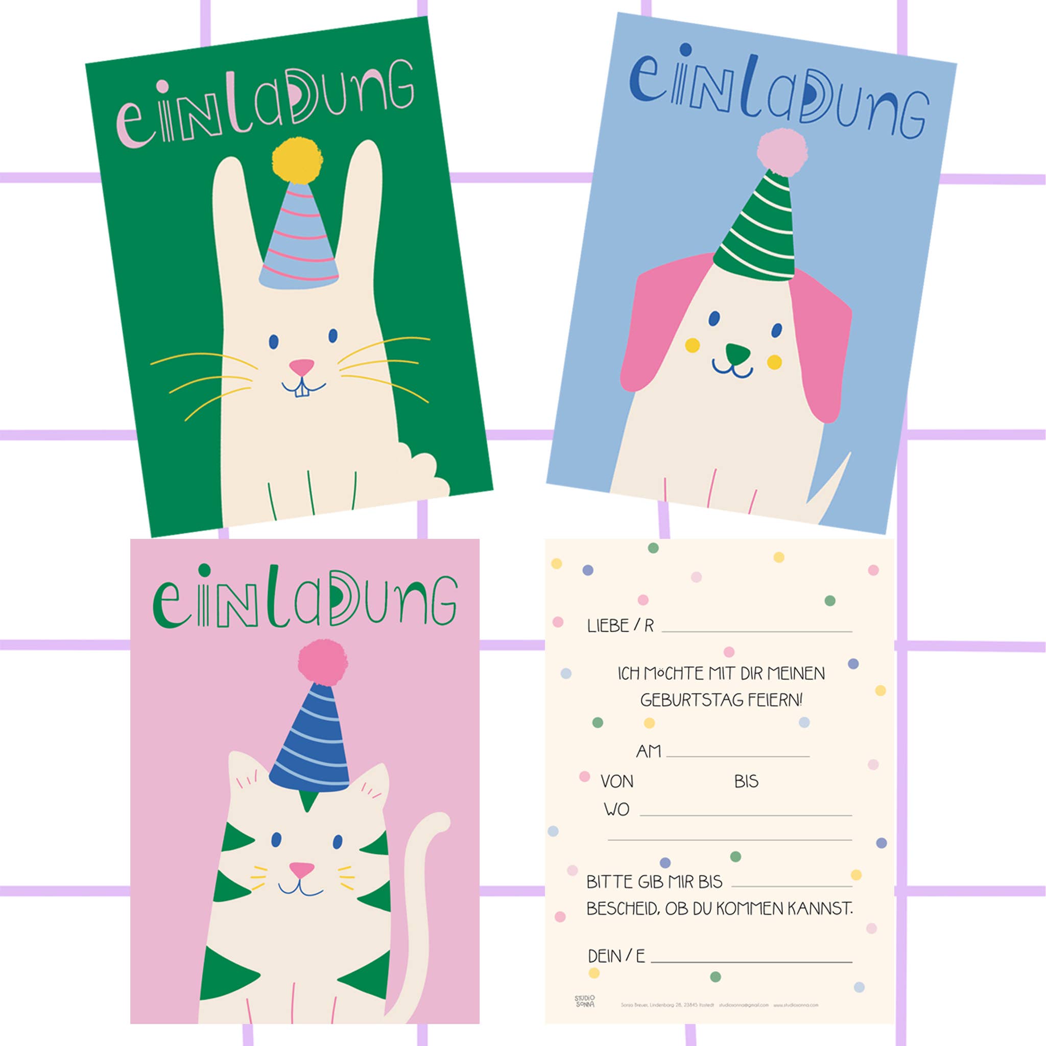 StudioSonna - Wholesale Postcard - Birthday Invitation Cat Set of 51