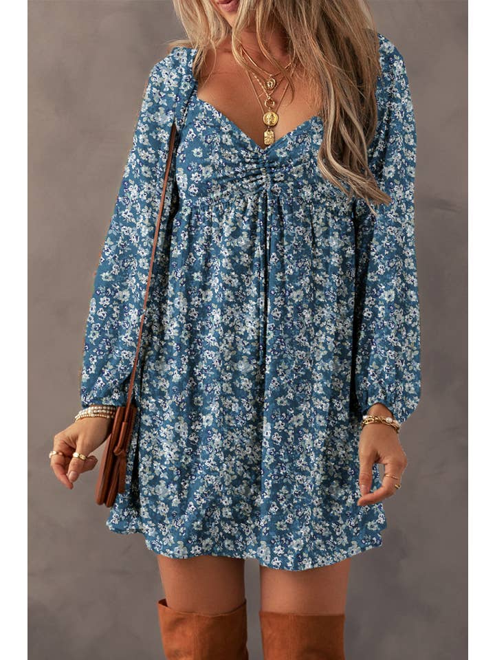 Blue Floral Sweetheart Neck Mini Dress for wholesale on Faire