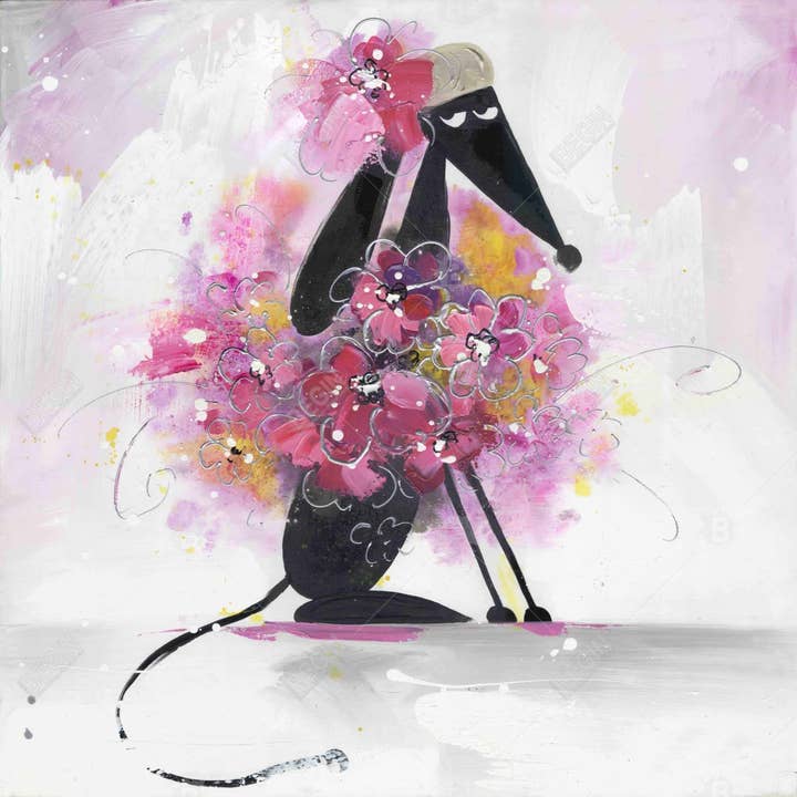 Vit Tecknad hund med rosa | inramat tryck på duk 24 ”x 24" för wholesale på Faire