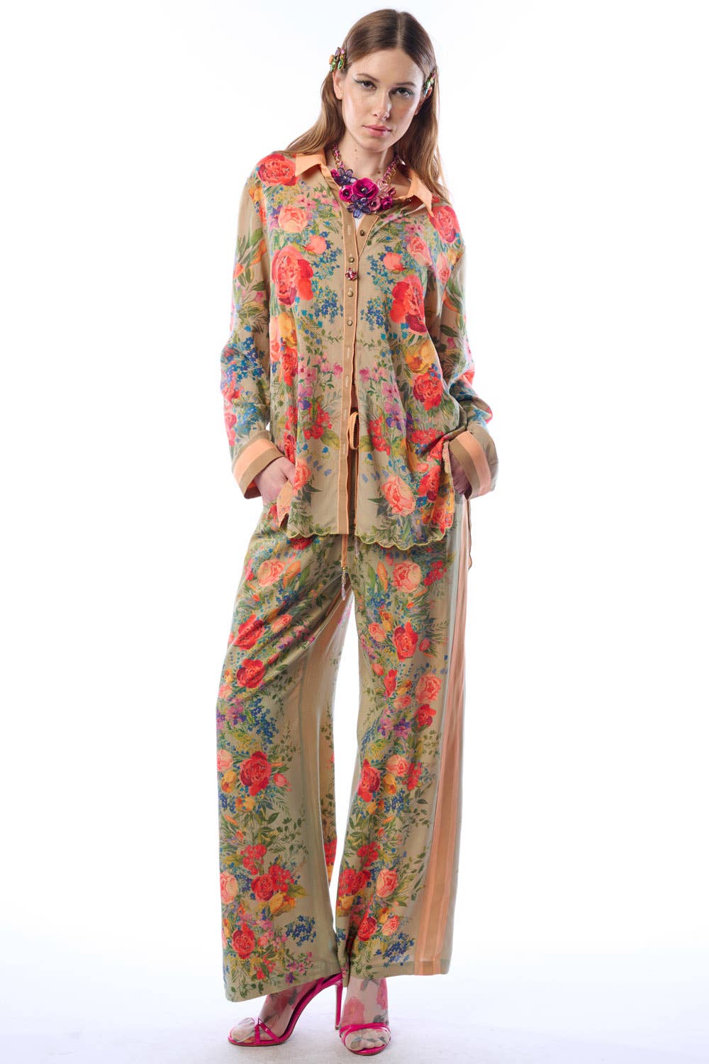 Vintage-Smaragd Roma-Hemd | Florales Button-Down-Hemd | Pailletten-Mesh-Detail für den Großhandel auf Faire7