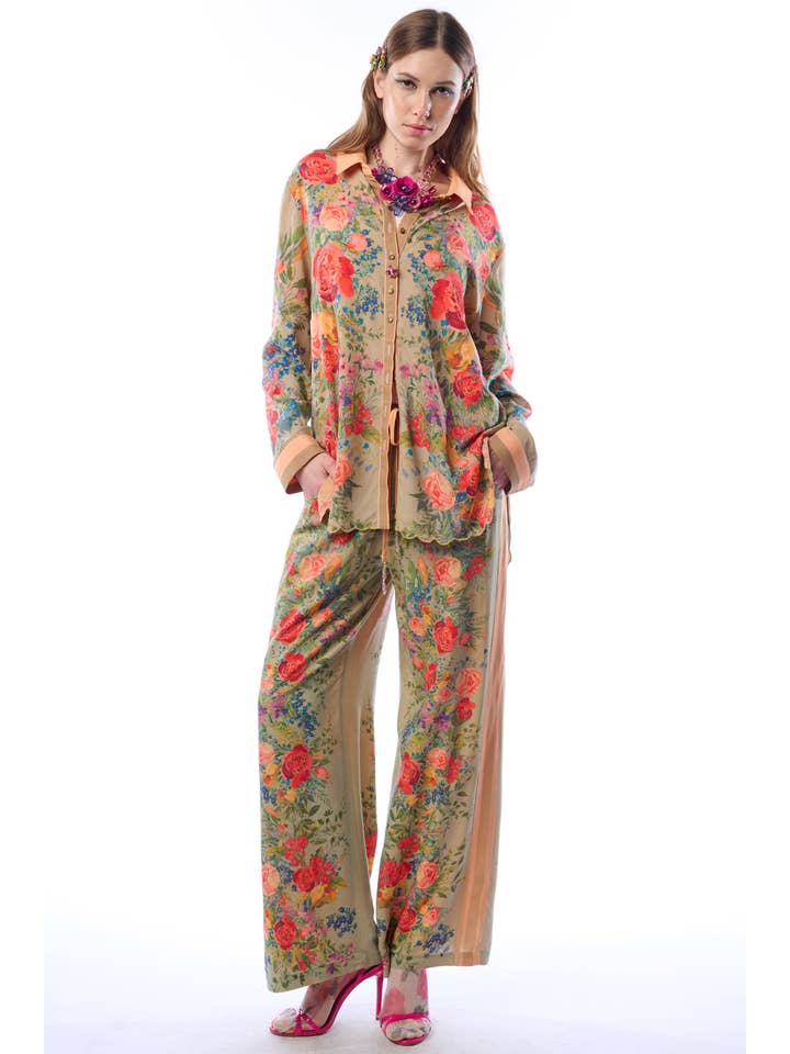 Vintage-Smaragd Roma-Hemd | Florales Button-Down-Hemd | Pailletten-Mesh-Detail für den Großhandel auf Faire7