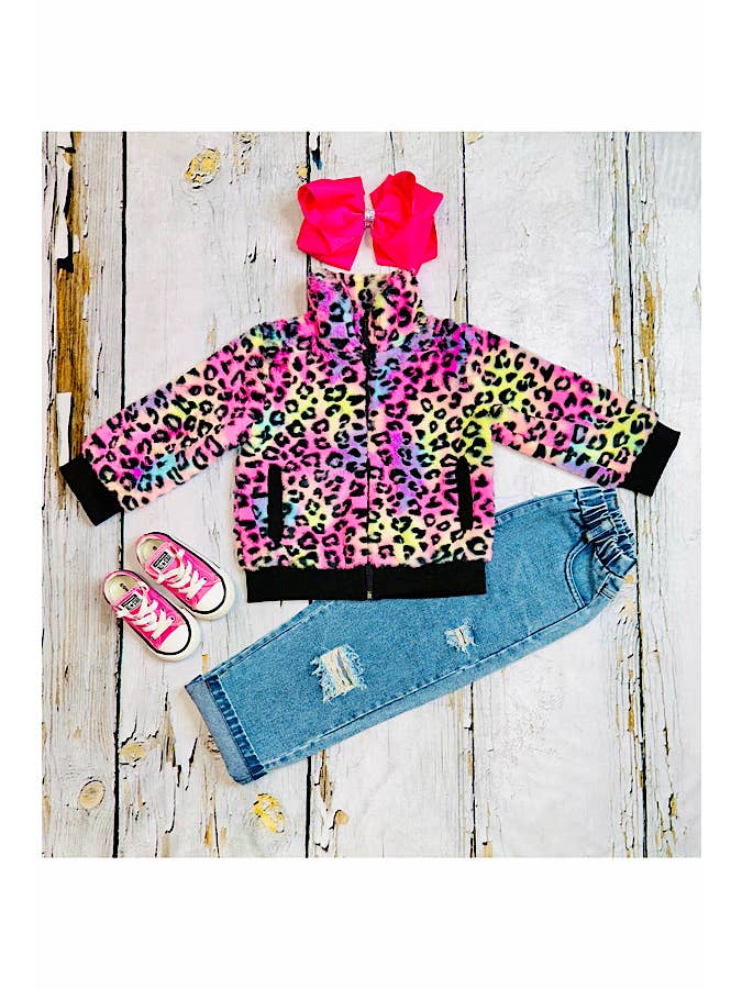 luluclothes - Wholesale Jacket - Kids - Multicolor tie dye cheetah print girls jacket DLH26552