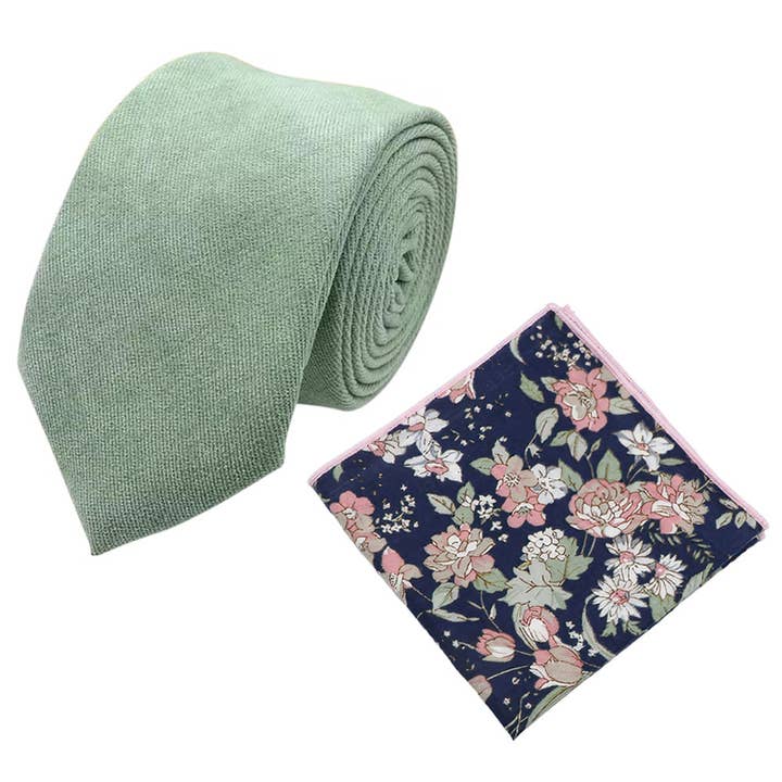 Harrison: Set di cravatta in misto cotone verde salvia e fazzoletto da taschino floreale blu e rosa per la vendita all'ingrosso da parte di Dickie Bow